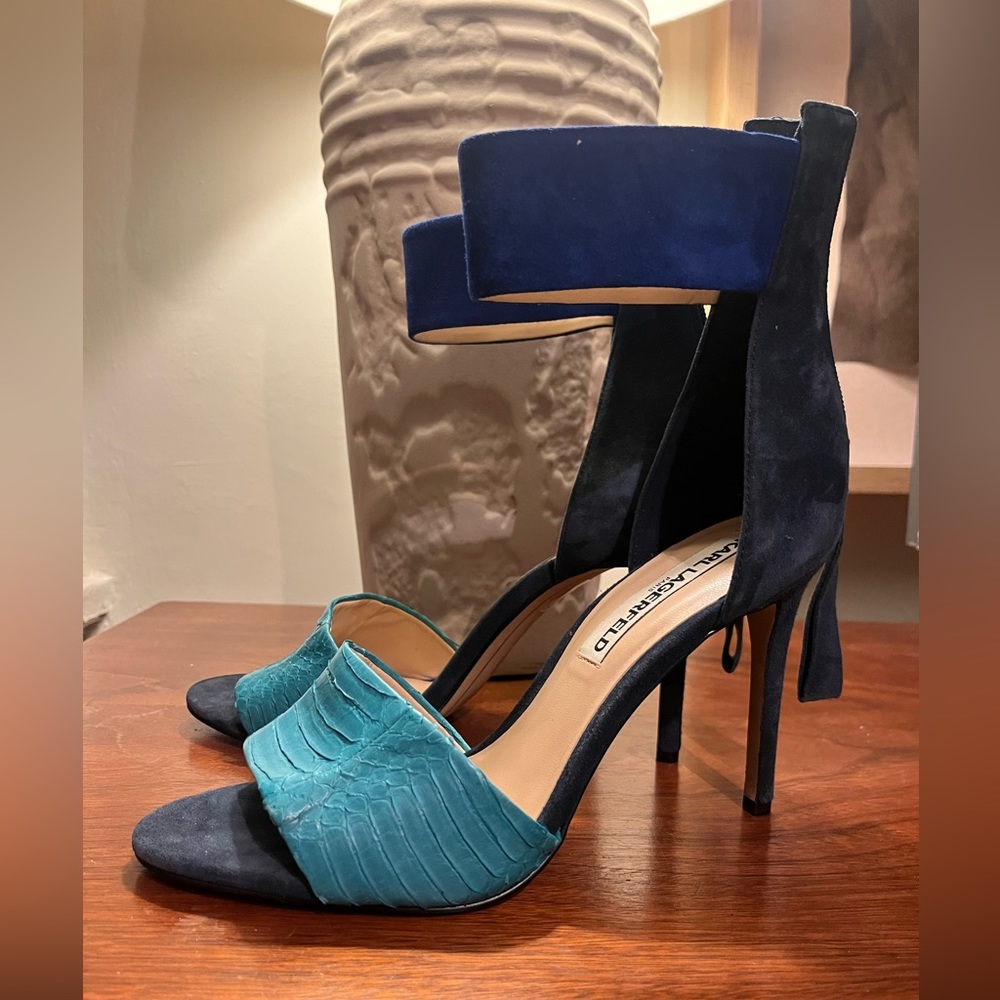 Three tone blue suede, Karl Lagerfeld Paris stilettos open toe Leather & suede